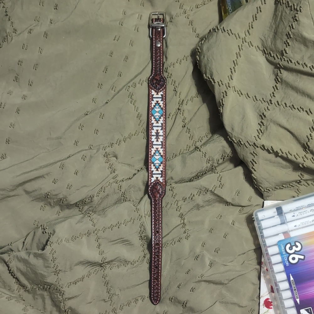 Western Tooled Dog Collar With Turquoise Accent Leather